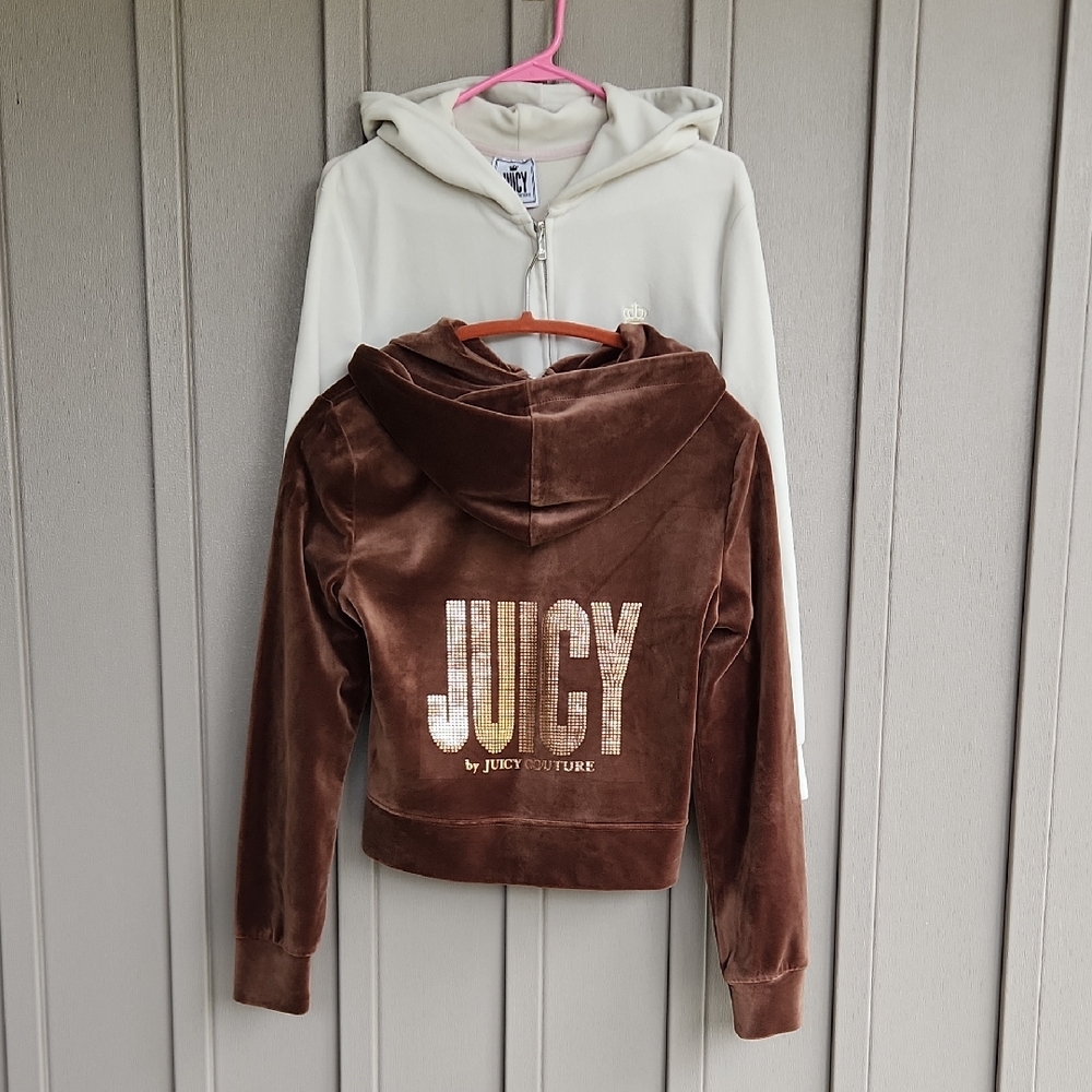 TWO Juicy Couture Brown And Off White Velour Zip Hoodie with Sparkling Logo(1)M